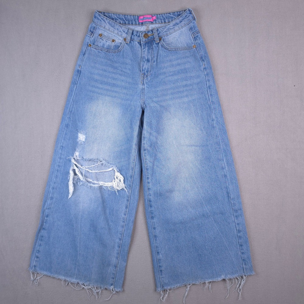 Edikted Jeans Wide Leg Distressed Light Wash XS Denim Raw Hem Y2K Skater